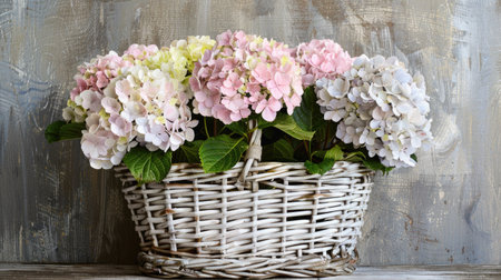 Beautiful pastel hydrangea flowers arranged in a vintage basket, perfect for a charming, rustic lookの素材