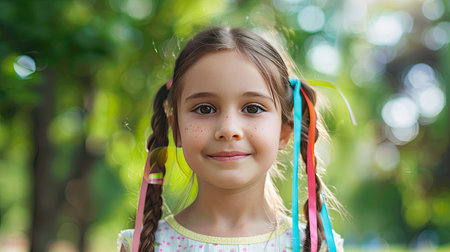 A young girl with pigtails tied with colorful ribbons, smiling in a parkの素材