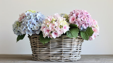 Beautiful pastel hydrangea flowers arranged in a vintage basket, perfect for a charming, rustic lookの素材