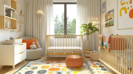 Bright and cheerful nursery with playful decor, a comfy crib, and ample storage, creating a welcoming space for a babyの素材