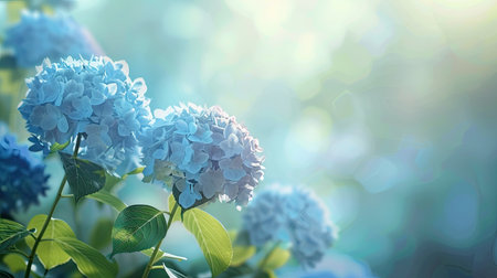 Artistic natural background with a blue hydrangea bush in bloom, set against a gently blurred backdrop for a serene effectの素材