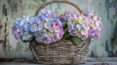 Beautiful pastel hydrangea flowers arranged in a vintage basket, perfect for a charming, rustic lookの素材