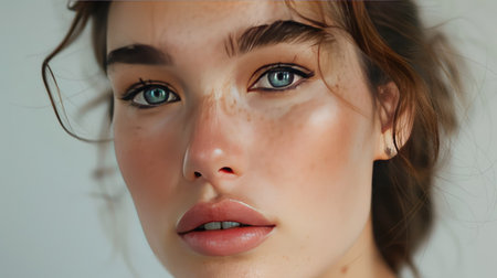 A woman with striking facial features, wearing light, natural makeup, set against a neutral backgroundの素材