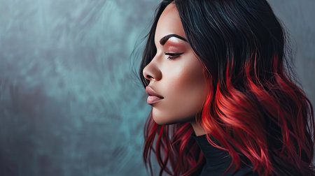 A woman with ombre hair color, transitioning from dark roots to lighter endsの素材