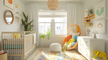 Bright and airy nursery with a crib, colorful decor, and soft textures, providing a comforting and playful space for a babyの素材