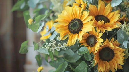 Bring nature indoors with this enchanting watercolor bouquet of bright sunflowers and lush greenery, infusing your space with natural beautyの素材