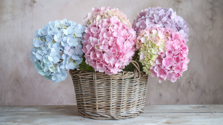 Beautiful pastel hydrangea flowers arranged in a vintage basket, perfect for a charming, rustic lookの素材
