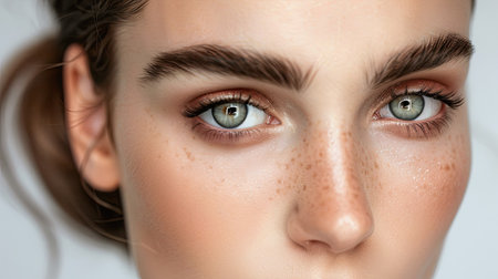A woman with striking eyes and perfectly shaped eyebrows, wearing minimal makeupの素材