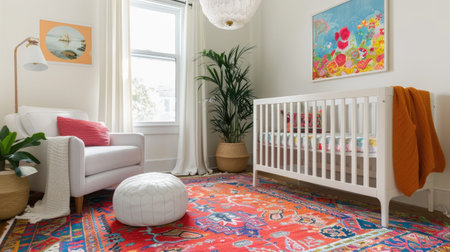 Bright and cheerful nursery with a cozy crib, colorful rugs, and playful decor, designed to be both functional and invitingの素材