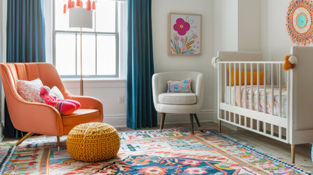 Bright and cheerful nursery with a cozy crib, colorful rugs, and playful decor, designed to be both functional and invitingの素材