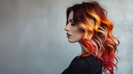 A woman with ombre hair color, transitioning from dark roots to lighter endsの素材