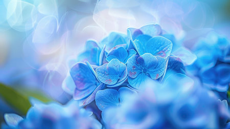 Artistic shot of blue hydrangeas with a softly blurred background, emphasizing their vibrant and elegant appearanceの素材