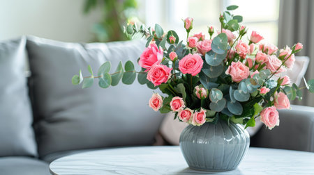 Chic ceramic vase with a glossy finish, featuring a refined bouquet of pink roses and delicate eucalyptus in a bright, modern settingの素材