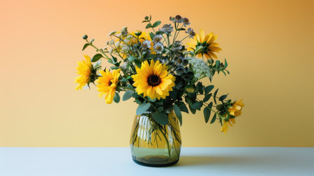 Chic glass vase with a gradient tint, displaying an elegant arrangement of yellow sunflowers and mixed greeneryの素材