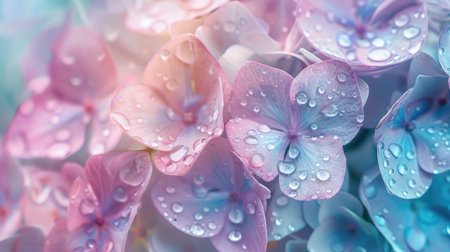 Close-up of pastel hydrangea flower clusters with a touch of morning dew, highlighting their delicate natureの素材