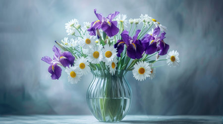 Chic glass vase with a subtle gradient, filled with an elegant mix of purple irises and white daisiesの素材