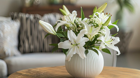 Chic ceramic vase with a glossy finish, showcasing a sophisticated bouquet of white lilies and delicate greeneryの素材