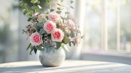 Chic ceramic vase with a glossy finish, featuring a refined bouquet of pink roses and delicate eucalyptus in a bright, modern settingの素材