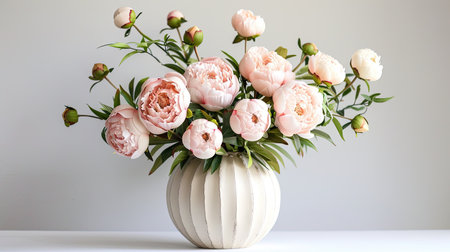 Chic ceramic vase with a textured finish, showcasing a refined bouquet of pink peonies and green foliage against a neutral backdropの素材