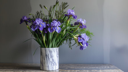 Chic marble vase with a sleek finish, displaying a refined arrangement of purple irises and mixed greeneryの素材