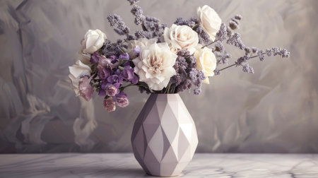 Chic modern vase with a geometric pattern, showcasing a refined bouquet of soft lavender and white rosesの素材
