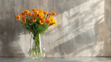 Chic tall glass vase with a sleek design, displaying a dramatic arrangement of bright yellow marigolds and green leavesの素材