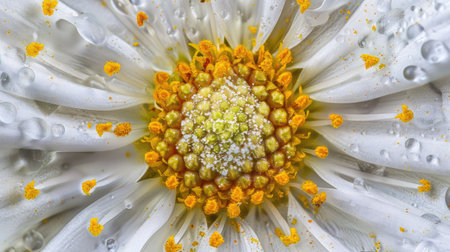 Close-up of a delicate daisy with high detail, revealing the fine textures and patterns of its white petals and yellow centerの素材