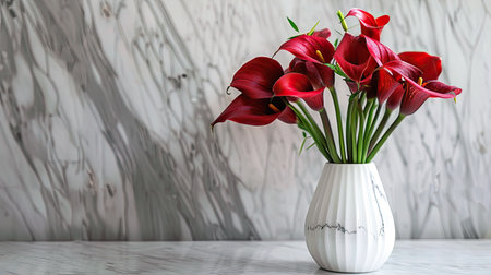 Chic marble vase with a contemporary shape, featuring a fresh arrangement of red calla lilies and delicate greeneryの素材