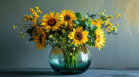 Chic glass vase with a gradient tint, displaying an elegant arrangement of yellow sunflowers and mixed greeneryの素材