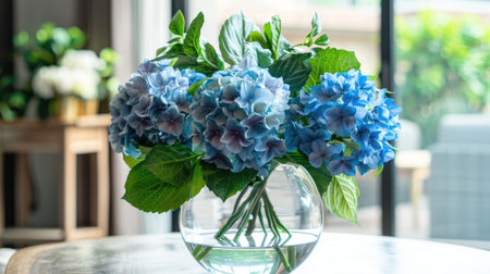 Chic glass vase with an artistic design, holding a fresh mix of blue hydrangeas and green leaves in a contemporary settingの素材