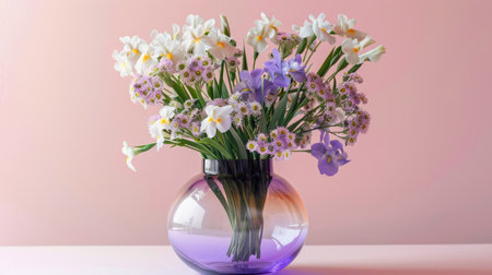 Chic glass vase with a subtle gradient, filled with an elegant mix of purple irises and white daisiesの素材
