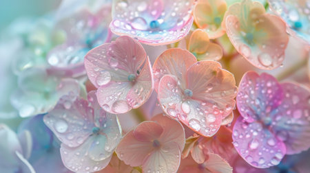 Close-up of pastel hydrangea flower clusters with a touch of morning dew, highlighting their delicate natureの素材