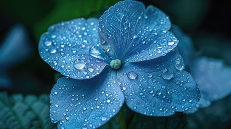 Close-up of a single blue hydrangea blossom with dewdrops on its petals, highlighting its fresh and delicate appearanceの素材