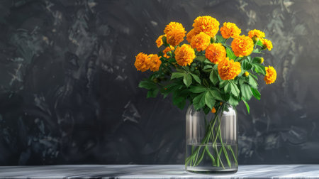 Chic tall glass vase with a sleek design, displaying a dramatic arrangement of bright yellow marigolds and green leavesの素材