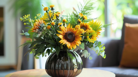 Chic vase with a modern shape, showcasing a vibrant arrangement of yellow sunflowers and mixed greeneryの素材