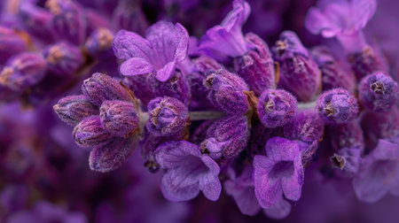 Close-up shot of a purple lavender flower with high detail, capturing the fine texture and rich color of each bloomの素材