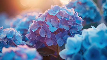 Close-up view of a cluster of blue hydrangeas with morning sunlight enhancing their natural beauty and vivid huesの素材
