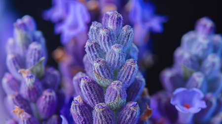 Close-up shot of a purple lavender flower with high detail, capturing the fine texture and rich color of each bloomの素材