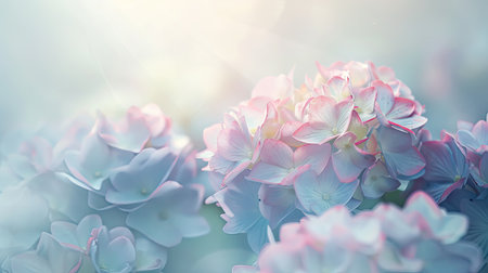 Close-up of pastel hydrangea flowers with a gentle morning mist, creating a serene and peaceful imageの素材