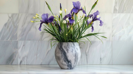 Chic marble vase with a sleek finish, displaying a refined arrangement of purple irises and mixed greeneryの素材