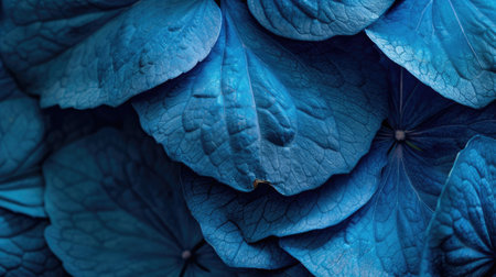 Close-up view of blue hydrangea petals with a focus on their intricate texture and rich blue huesの素材