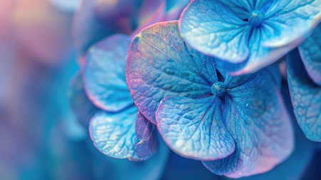 Close-up of a blue hydrangea with high detail, revealing the delicate structure and vivid colors of each petalの素材