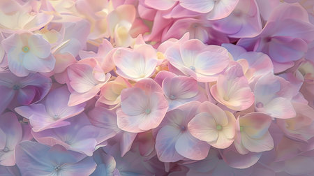 Close-up of delicate pastel hydrangea blossoms in soft morning light, showcasing their vibrant colors and intricate petalsの素材