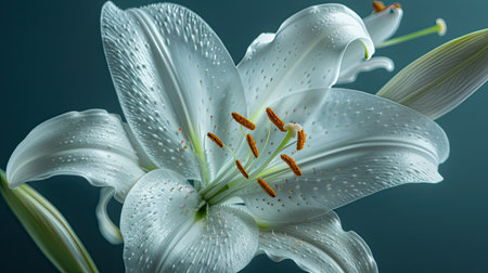 Close-up shot of a white lily with high detail, focusing on the intricate patterns and soft texture of its petalsの素材