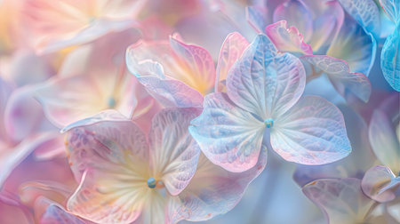 Close-up of pastel hydrangea clusters with a gentle breeze creating a soft, flowing effectの素材