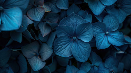 Close-up of vibrant blue hydrangea flowers in full bloom, showcasing their intricate petals and rich color against a soft backgroundの素材