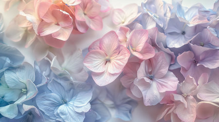 Close-up of pastel hydrangea clusters with a gentle breeze creating a soft, flowing effectの素材