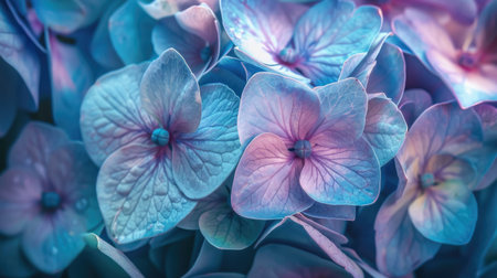 Close-up of a blue hydrangea with high detail, revealing the delicate structure and vivid colors of each petalの素材