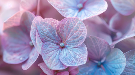 Close-up of hydrangea petals in pastel hues with a focus on their intricate patterns and texturesの素材