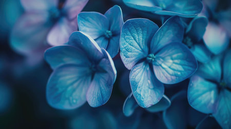 Close-up of vibrant blue hydrangea blooms with a focus on their intricate petal details and rich colorの素材